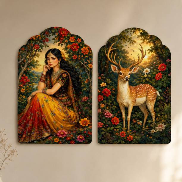 saf SAF Rajasthani Woman & Deer Floral Forest MDF Wall Painting – Set of 2 Digital Reprint 12 inch x 9 inch Painting