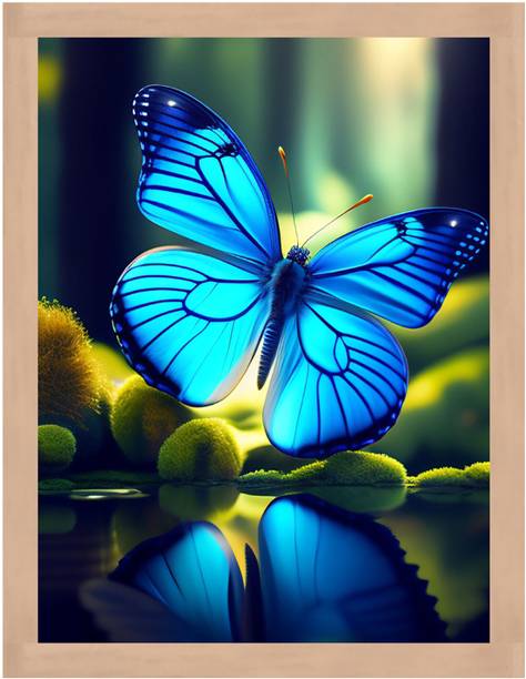 WALL PROFILE Wall Profile "Vibrant Blue Butterfly with Reflection Wall Decor" 3D Painting 11 inch x 14 inch Painting
