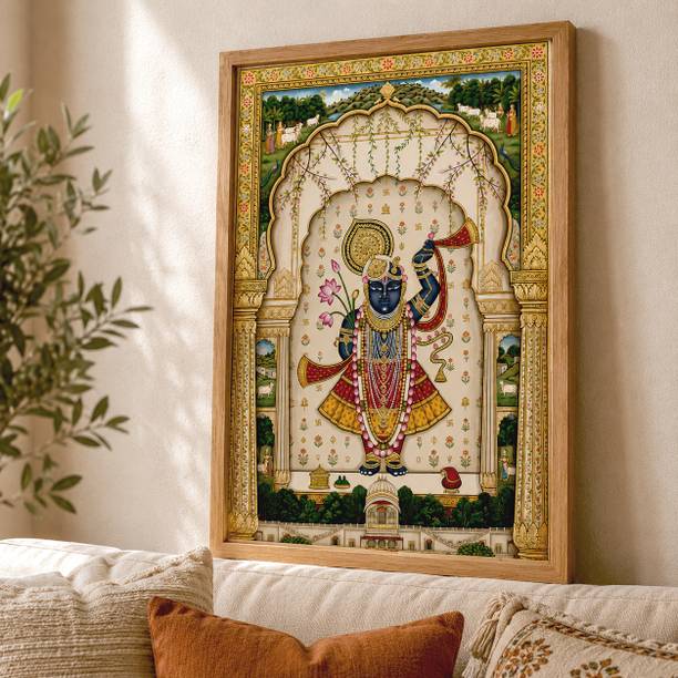 Masstone Shrinathji Pichwai Premium Framed Wall Painting for Home Temple Digital Reprint 19.5 inch x 13.5 inch Painting
