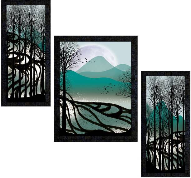 पोस्टर न फ्रेमः Landscape Scenery Set of 3 with Acrylic Sheet (Glass) painting-1830 डिजिटल रीप्रिंट 13.5 inch x 10.5 inch पेंटिंग