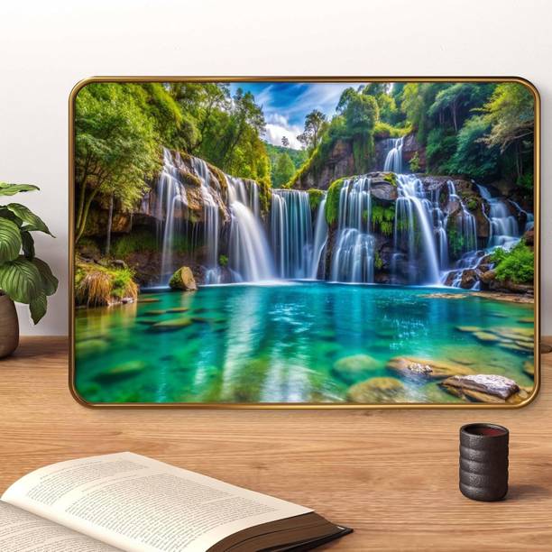 ArtMantra Beutiful Waterfall nature scenery Premium Sparkle Lamination Golden Slim Frame Digital Reprint 9 inch x 12 inch Painting