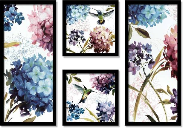 Painting Mantra Colorful Flower Theme Framed Painting, 4 Framed Art Prints for Living Room in White Background- Size - (2 Unit 22x 47 cm . 2 Unit 9x9 Inchs) Digital Reprint 19 inch x 28 inch Painting