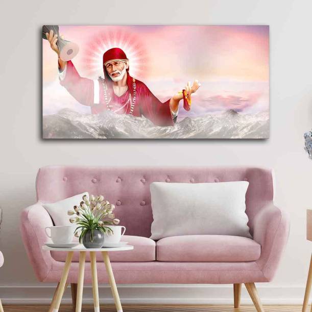 VIBECRAFTS Big Size Devotional Sai Baba Wall Painting With Wooden Frame ( PTVCH_2249N ) Canvas 24 inch x 48 inch Painting
