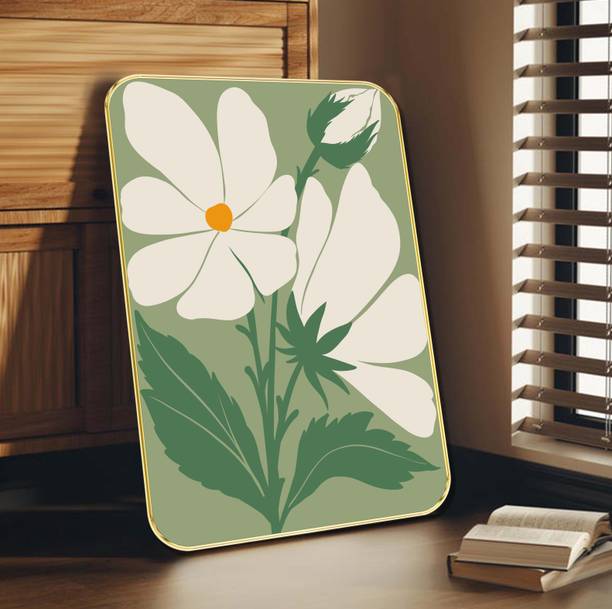 Aartify White Flower Wall Art Painting on Green Backgro...
