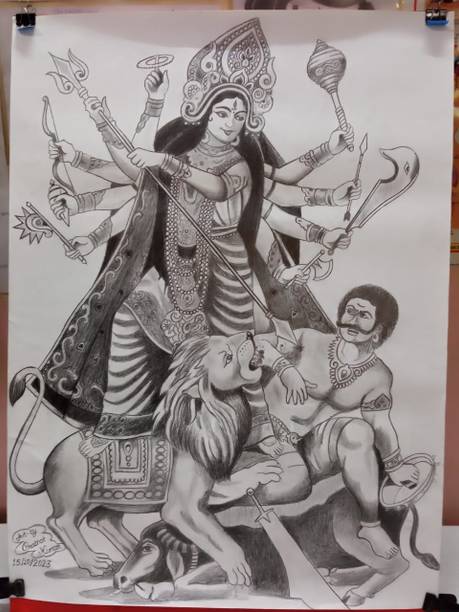 Akaar AKAAR Maa Durga Sketch, Pencil Sketch(Original) Pencil 12 inch x 9 inch Painting