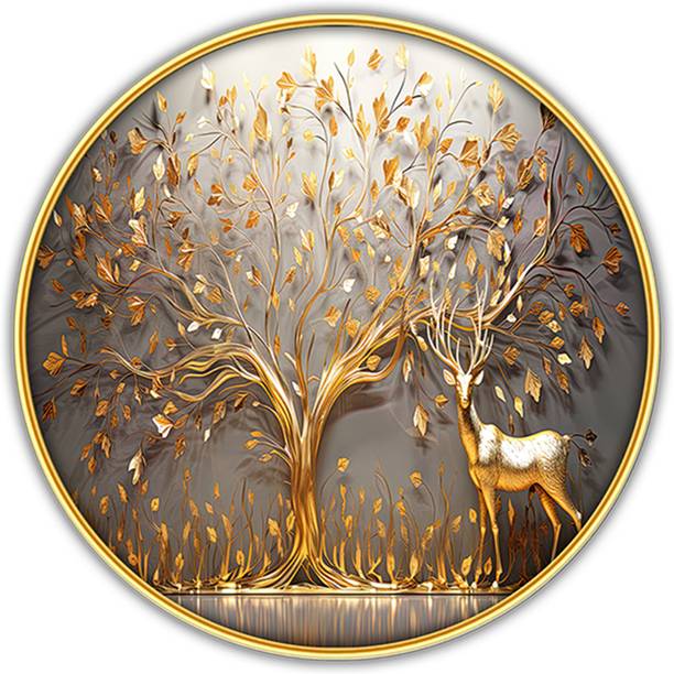 Poster N Frames Scenery Landscape Wall Painting with golden frame Round Wall Art-36420 Digital Reprint 12 inch x 12 inch Painting