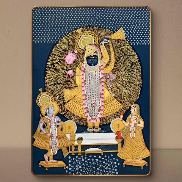 saf Shrinath ji Pichwai Sparkle Lamination Finished Surface Golden Slim Frame Digital Reprint 19.5 inch x 13.5 inch Painting
