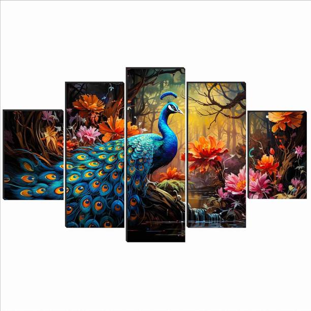 SNDArt Set Of 5 Peacock Wall Paintings For Living Room Digital Reprint 18 inch x