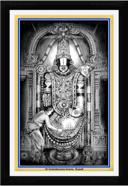 Braj Art Gallery Sri Venkateswara Swamy Tirupati Balaji B&W Pencil Painting Photo Frame Digital Reprint 19.5 inch x 13.5 inch Painting