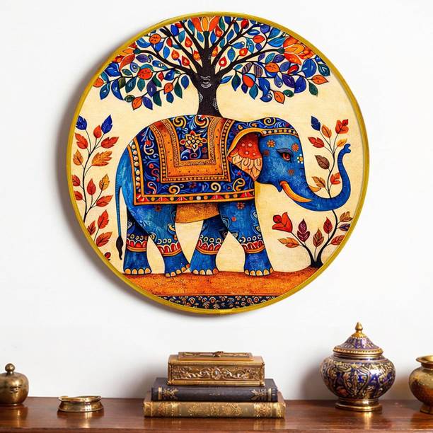 Painting Mantra Decorative Elephant Round Framed Wall Art Painting For Living Room Digital Reprint 16 inch x 16 inch Painting