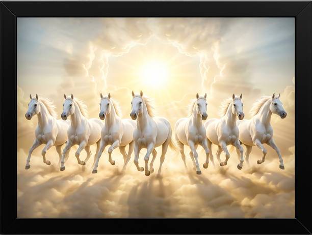Crownnestdecor 7 Running Horses Wall Art Frame for Wealth Success & Decor Digital Reprint 9.5 inch x 13 inch Painting