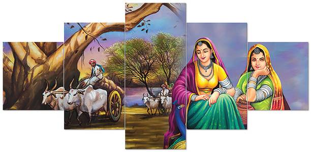 Taraworld Set of Five Framed Wall Paintings - Rural Reverie Series" Digital Reprint 30 inch x 17 inch Painting