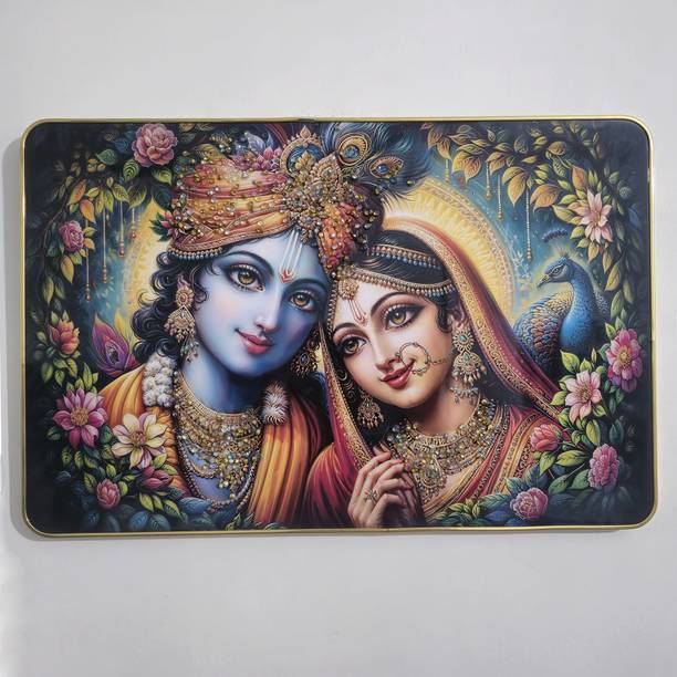 Masstone Radha Krishna Crystal Embedded High Gloss Surface with Golden Slim Frame Embossed 12 inch x 18 inch Painting