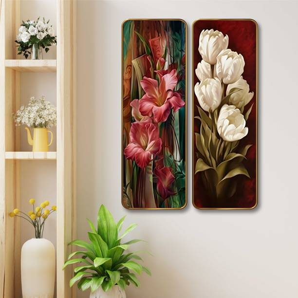 saf Floral Wall Panel Set of 2 with Sparkle Lamination | Premium MDF Wall Décor Digital Reprint 18 inch x 12 inch Painting