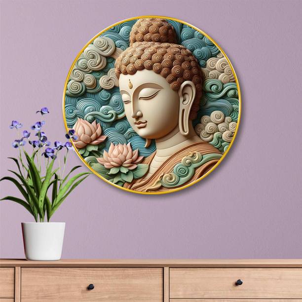 saf Colorful Buddha Round 3D Embossed Wall Art for Home & Meditation Decor Digital Reprint 23 inch x 23 inch Painting