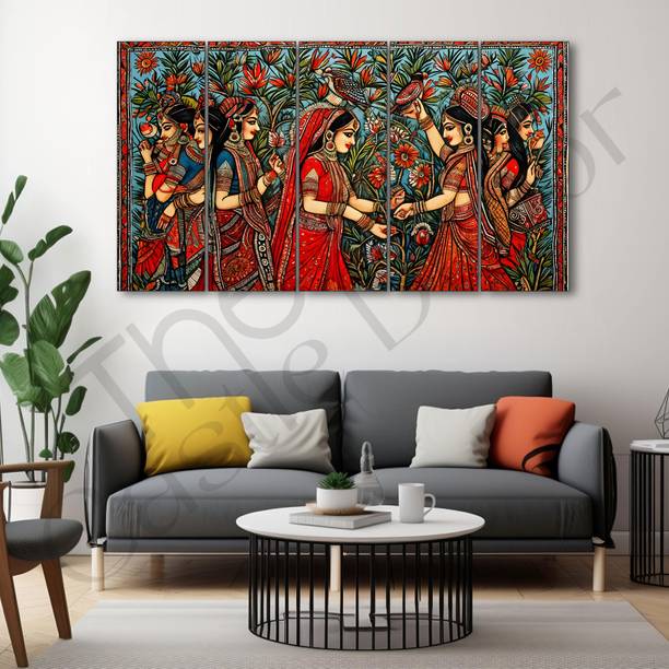 TheCastleDecor Pichwai Madhubani art BigSize wall Painting for living,Bedroom sparkle efect Natural Colors 27 inch x 48 inch Painting