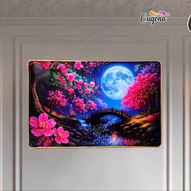 CUGONA 3D Pink Flower Scenery photo frame Crystal stone - golden border | photo frame 3D Painting 18 inch x 12 inch Painting