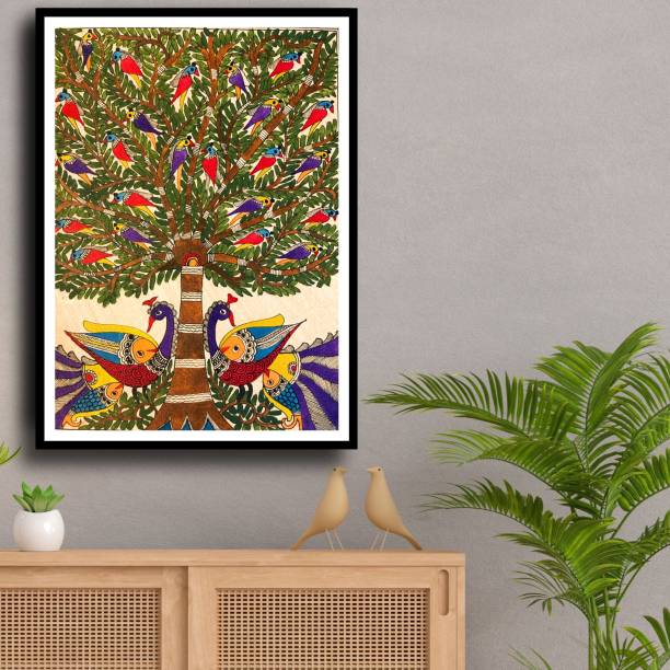 Artdarshan Traditional Madhubani Art Painting Peacock & Tree for Home & Office Wall Decor Natural Colors 19 inch x 15 inch Painting