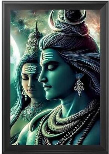 Adonai Shiv Parivar Wooden Finish Photo Frame | Devotional Family for Temple Décor Digital Reprint 12 inch x 9 inch Painting