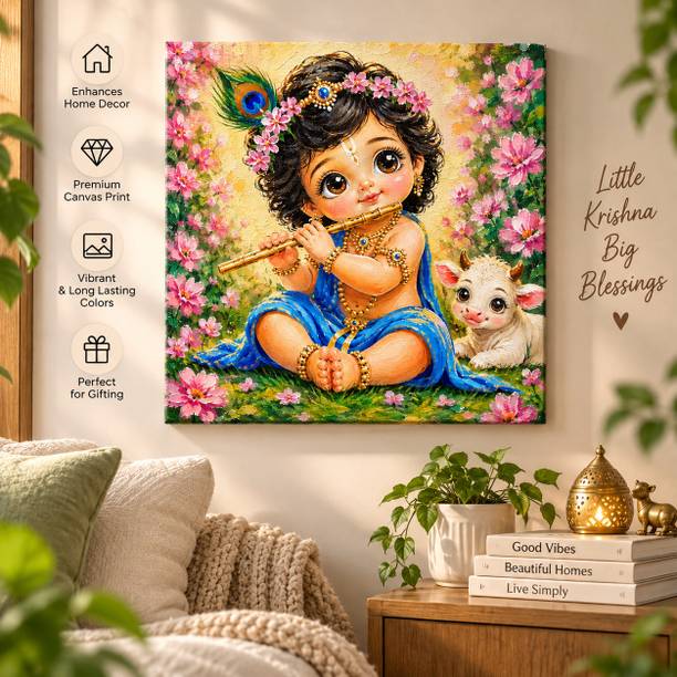 Kasavi Lord Krishna Canvas Painting Wall Art for Home Decor Digital Reprint 12 inch x 12 inch Painting