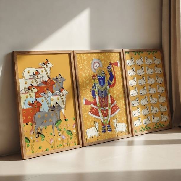saf Krishna Pichwai Premium wooden color framed Digital Reprint 19.5 inch x 13.5 inch Painting