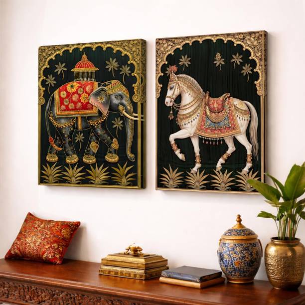 Painting Mantra Rajasthani Elephant & Horse Tanjore Style Canvas Wall Art for Living Room Canvas 16 inch x 12 inch Painting