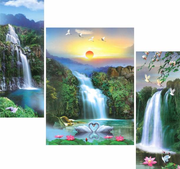 WALLMAX Set of 3 Water Fall UV Coated Multi Effect MDF Framed Digital Reprint 12 inch x 18 inch Painting