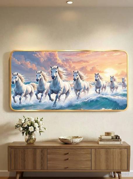 Arpita Crafts Seven Running Horses Wall Painting Premium UV Printed Vastu Golden Frame Embossed 12 inch x 24 inch Painting