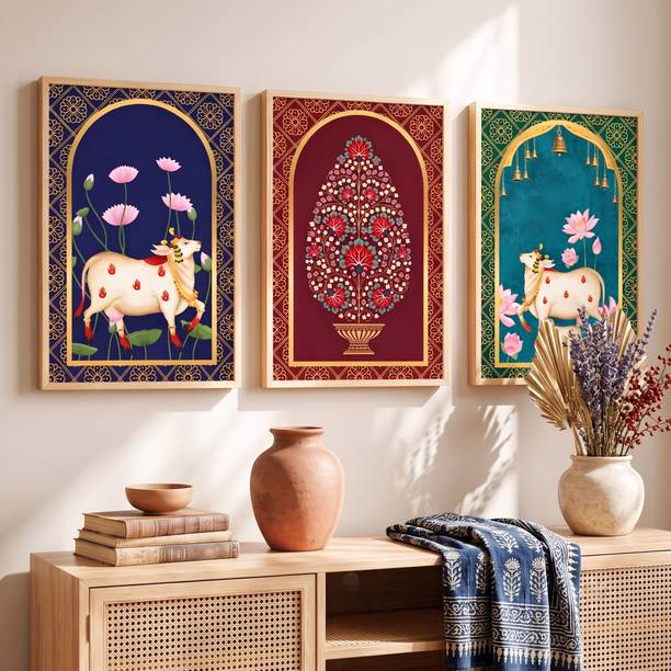 Masstone Traditional Kamdhenu Cow & Sacred Tree Wall Art 3 Frame Set Digital Reprint 19.5 inch x 13.5 inch Painting