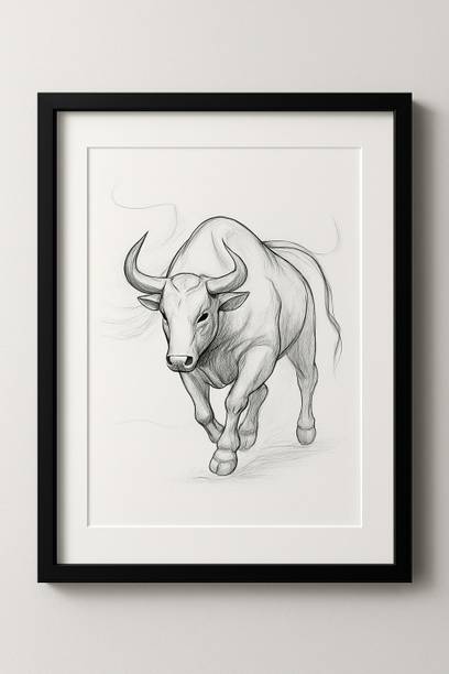 sketra Charging Bull Sketch | Powerful Animal Art Pencil 18 inch x 1 inch Painting