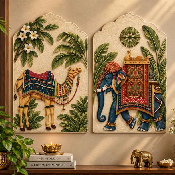 saf SAF Rajasthani Camel & Royal Elephant MDF Wall Painting – Set of 2 Digital Reprint 12 inch x 9 inch Painting