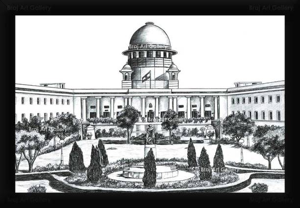 Braj Art Gallery Supreme Court of India Pencil Sketch B&W Photo Frame Digital Reprint 13.5 inch x 19.5 inch Painting