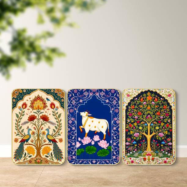 saf Sacred Cow Peacock Tree Wall Art Set of 3 MDF Indian Home Decor Digital Reprint 18 inch x 12 inch Painting