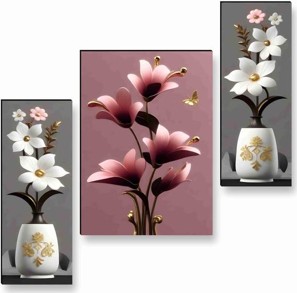 Paradise Elegant Pink Lily Flowers in Vase 3 Panel MDF Wall Art Set Digital Reprint 18 inch x 12 inch Painting