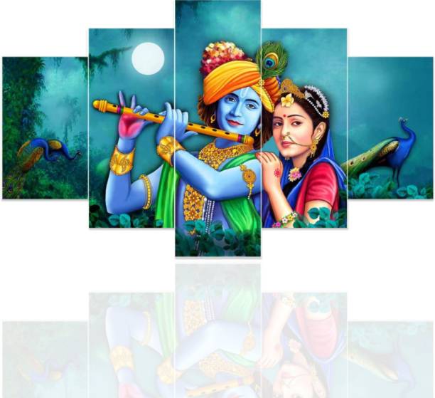 Masstone Radha Krishna with Flute Religious 5 Piece Panel MDF Painting Digital Reprint 17 inch x 30 inch Painting