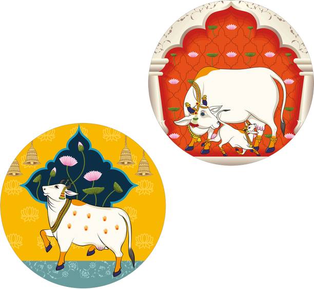 Indianara Set of 2 Pichwai Round Shape Wall Painting for living room/Home/Bedroom/Office Digital Reprint 12 inch x 12 inch Painting