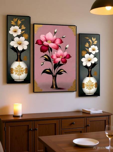 SNDArt Set Of 3 Flower Pots Floral Wall Paintings For Living Room Digital Reprint 12 inch x 18 inch Painting