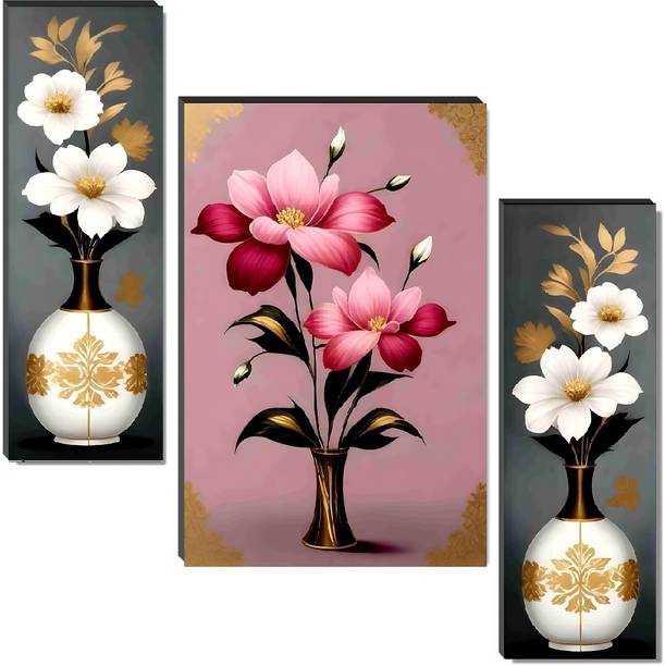 SNDArt Set Of 3 Flower Pots Floral Wall Paintings For Living Room Digital Reprint 12 inch x 18 inch Painting