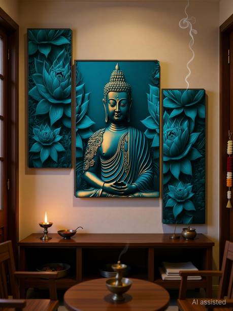 SNDArt Set of 3 Buddha UV textured modern art Religious theme Wall Painting Digital Reprint 12 inch x 18 inch Painting