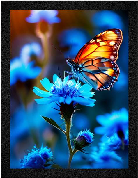 WALL PROFILE Wall Profile "Monarch Butterfly & Electric Blue Bloom Wall Decor" 3D Painting 11 inch x 14 inch Painting