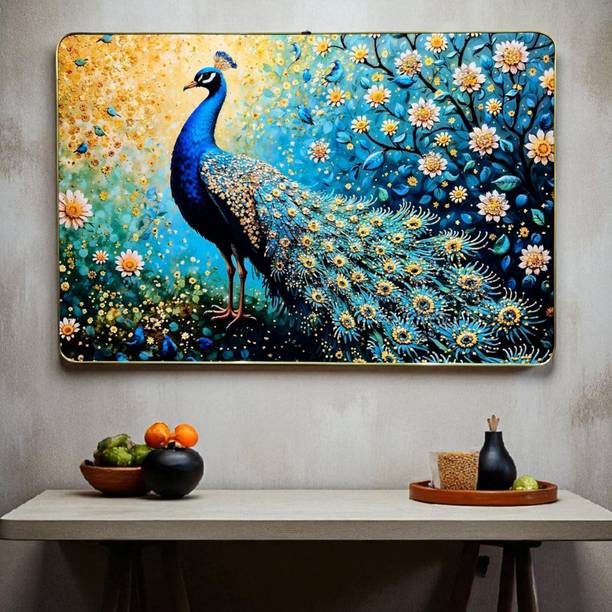 Masstone Peacock Big Crystal Embedded Painting | Frame for Decor | Gold Slim Frame Resin Painting 16 inch x 24 inch Painting