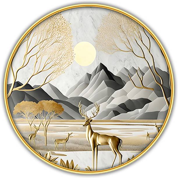 Poster N Frames Scenery Landscape Wall Painting with golden frame Round Wall Art-36379 Digital Reprint 12 inch x 12 inch Painting