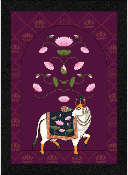 Fashioncreet Pichwai Shrinath Ji Cow with Calf Framed Wall Art Painting Digital Reprint 10 inch x 13 inch Painting