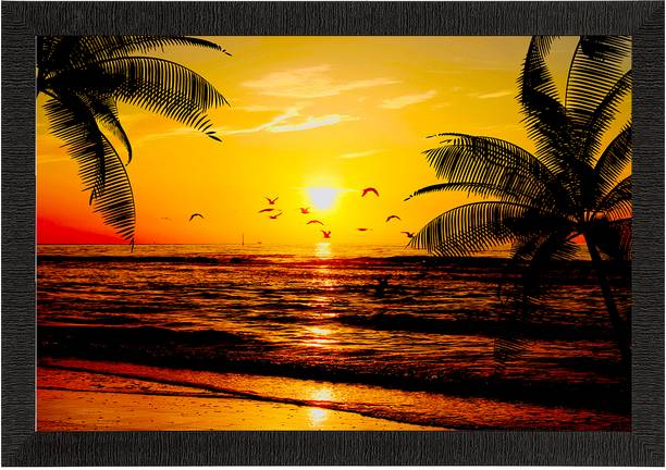 एक्राफ्टिंडिया Flying Birds During Sunrise Beach View Satin Matt Texture UV Art Painting स्याही 10 inch x 14 inch पेंटिंग