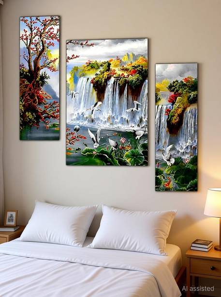 pnf Vastu Waterfall Landscape Scenery Painting MDF Panel | Best Gifting Option Digital Reprint 12 inch x 18 inch Painting