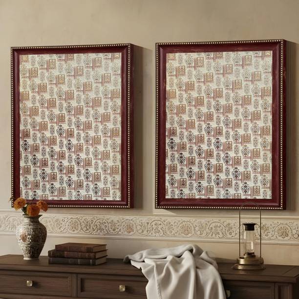 Painting Mantra Pack of 2 Maroon Glitter Gold Foil Framed Wall Art Set, Antique Indian Pichwai Digital Reprint 17.7 inch x 13.7 inch Painting