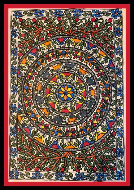 Artdarshan Madhubani Unframed Colourfull Handmade Art Painting for Home & Wall Decor Natural Colors 22 inch x 15 inch Painting