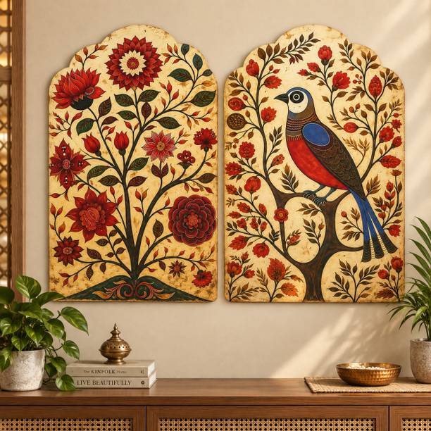 saf SAF Bird & Red Floral Tree Indian Folk Art MDF Wall Painting – Set of 2 Digital Reprint 12 inch x 9 inch Painting