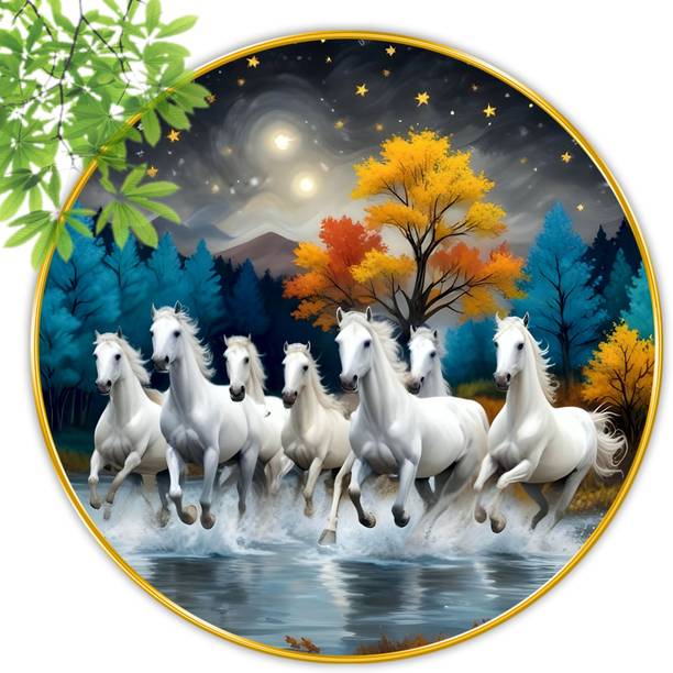 saf Seven Horse Premium gold strip framed wall paintings for wall decoration Digital Reprint 16 inch x 16 inch Painting