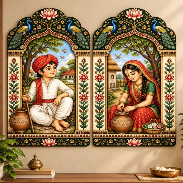 saf SAF Rajasthani Village Man & Woman MDF Wall Painting – Set of 2 Digital Reprint 12 inch x 9 inch Painting